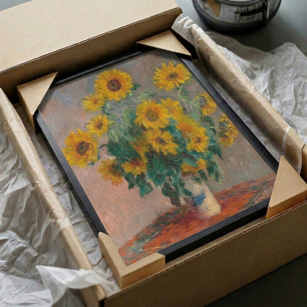 Sunflower arrangement in impressionist style with soft yellow and cream hues, framed and hung as decorative wall art.