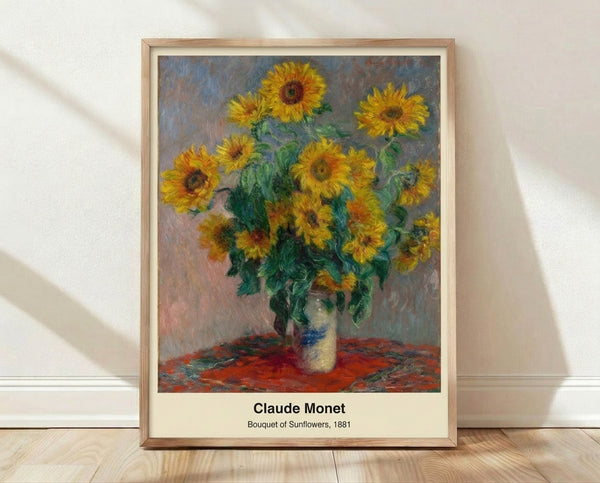 Impressionist painting of a radiant sunflower bouquet in a vase, rendered in luminous golden yellows and soft greens with blue-grey accents, creating a warm and serene floral composition.