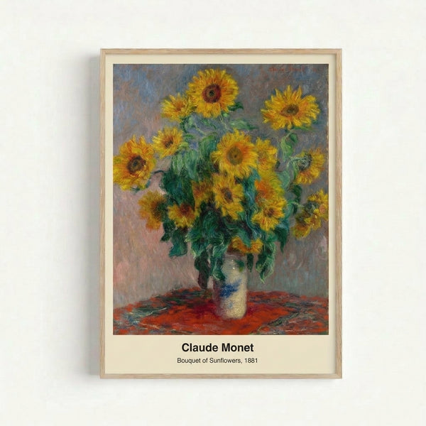 Framed Impressionist art print featuring a glowing bouquet of sunflowers in creamy and golden tones, evoking a peaceful, light-filled atmosphere typical of classic floral still life.