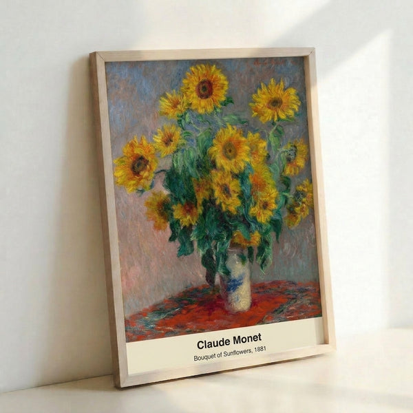 Golden sunflowers arranged in a vase, painted in soft Impressionist style with warm yellows, gentle greens, and muted blue-grey tones that convey tranquility and natural luminosity.