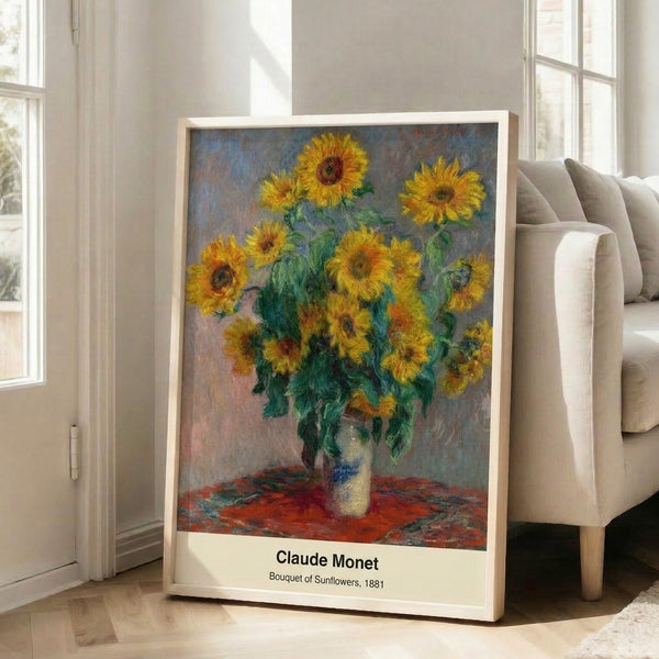 Sunflower bouquet rendered in loose Impressionist brushwork, dominated by warm golden yellows and cream hues with subtle green foliage and cool grey-blue background tones.