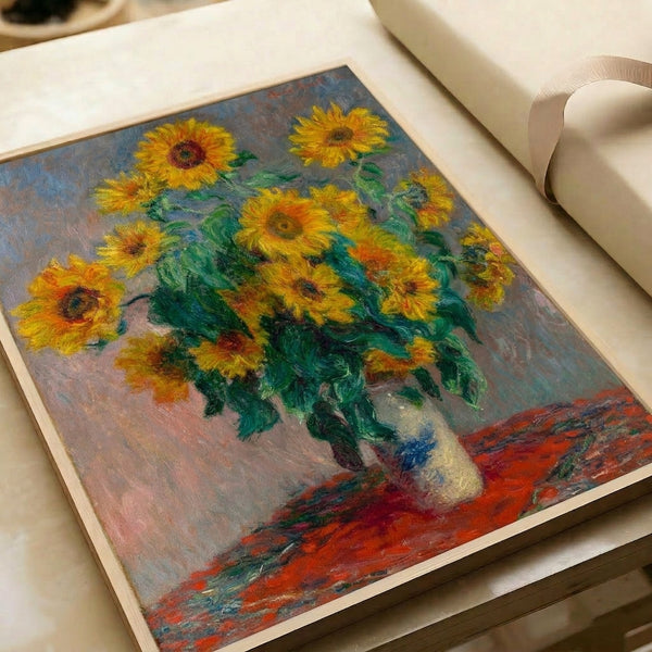 Impressionist-style poster print of vibrant sunflowers in warm yellows and soft greens, framed on a wall and radiating peaceful, sunlit beauty through delicate color harmonies.
