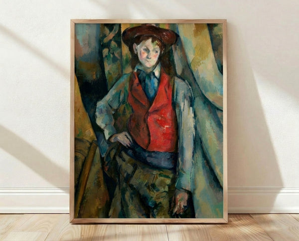 Impressionist portrait of a young boy wearing a red waistcoat, rendered in muted ochre, blue, and brown tones with contemplative expression, framed on wall.