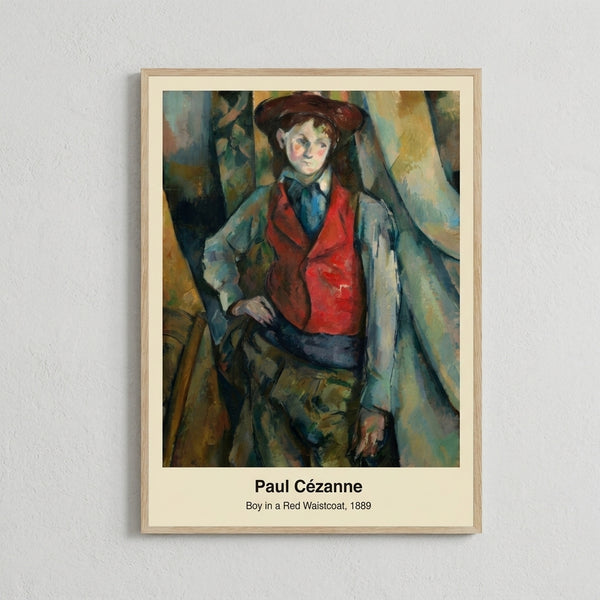 Cezanne-style figure study depicting a boy in red clothing against soft blue background, painted in characteristic post-impressionist technique with intimate, sophisticated mood.