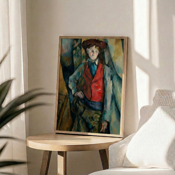 Sophisticated portrait featuring a seated youth in scarlet waistcoat, rendered in muted modernist palette of terracotta, slate blue, and cream tones.