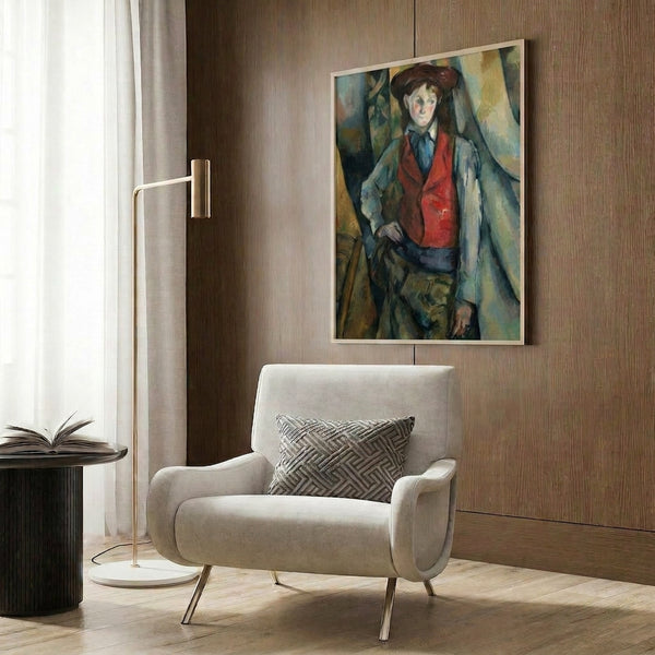 Impressionist-influenced portrait of a boy wearing striking red garment, composed with contemplative gaze and subtle color harmonies in ochre, white, and shadowed blues.