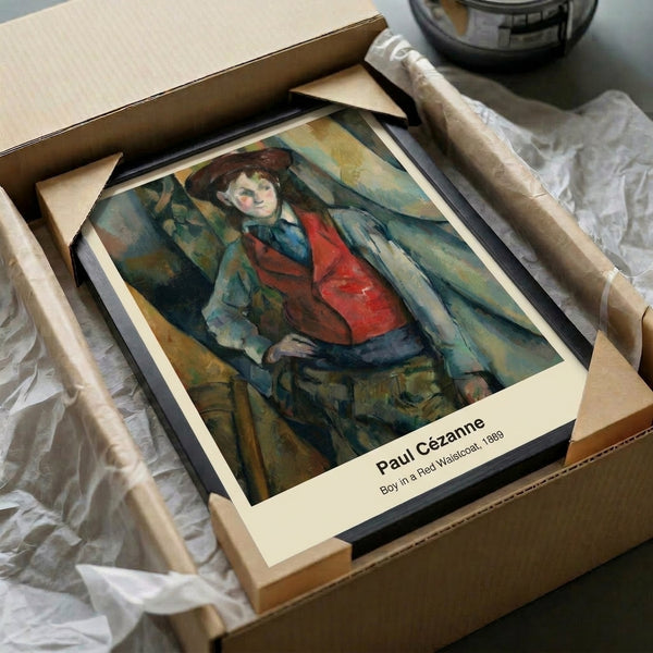 Post-impressionist figure study of a young man in crimson dress, painted with restrained color palette and introspective mood, framed as wall art.