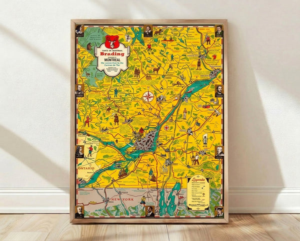 Vintage-style illustrated map of Montreal and Ontario featuring a winding river, compass rose, scattered trees, and small figures, rendered in warm yellows, creams, and touches of turquoise and red.