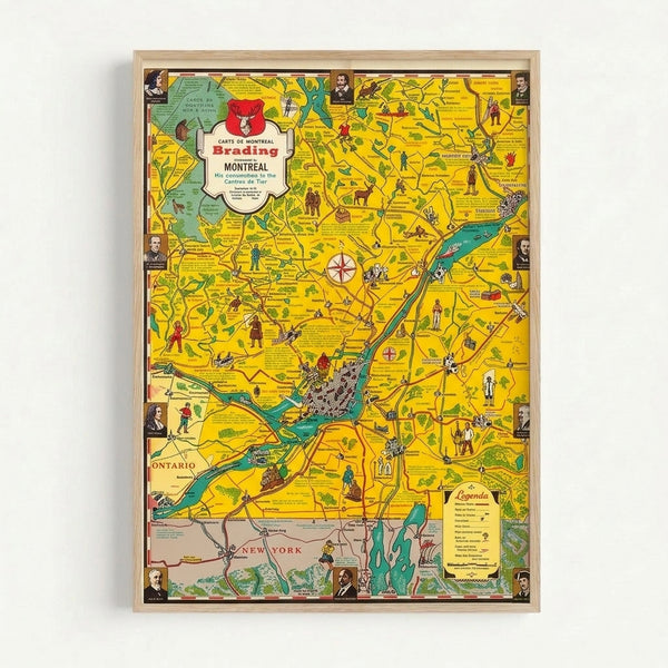 Retro Montreal city map poster with nostalgic cartography design, including geographical landmarks, a decorative compass, and whimsical human figures among green areas and waterways.