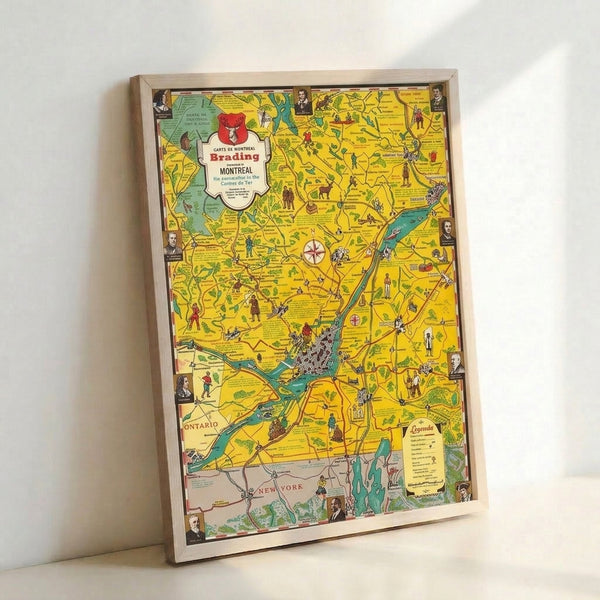 Framed vintage Montreal map print displaying hand-drawn style illustration with cream and yellow tones, turquoise water details, red accents, and playful depictions of landscape elements and local figures.