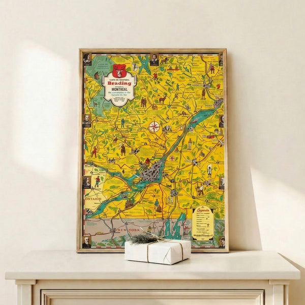 Nostalgic illustrated map of Montreal Ontario region in retro aesthetic, combining educational geography with whimsical charm through vintage color palette of yellows, creams, greens, and turquoise highlights.