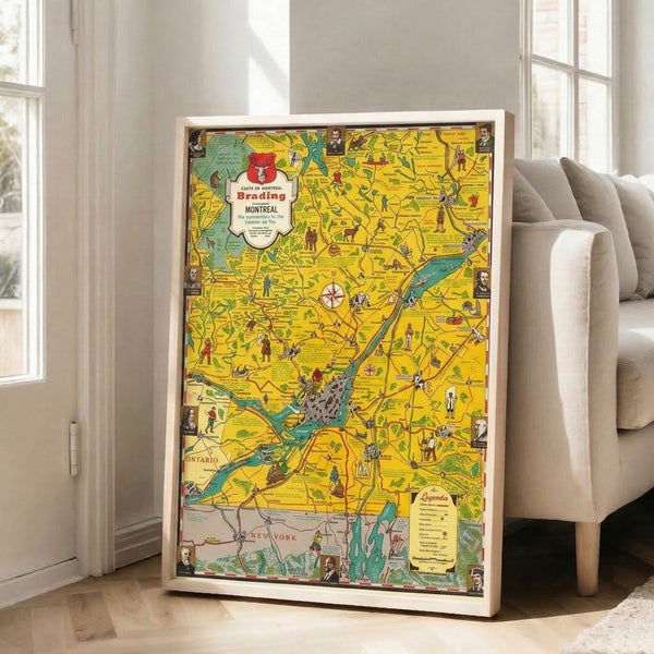 Vintage-inspired poster map of Montreal showing winding rivers, compass navigation marker, scattered trees, and small people figures in soft yellows, warm creams, and cool turquoise tones.