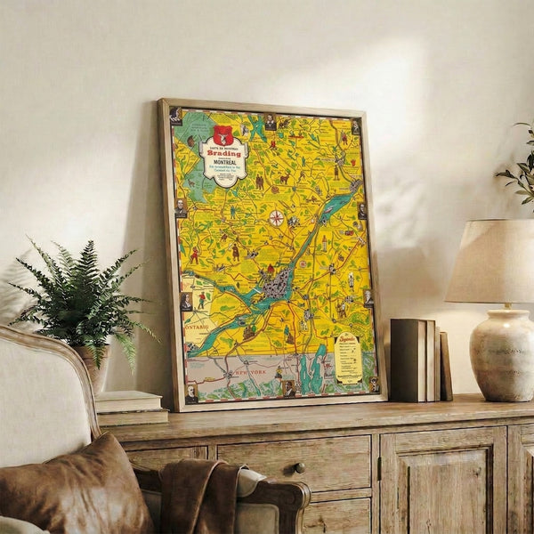 Retro style art print of Montreal Ontario map rendered in nostalgic colors including yellow, turquoise, red, and cream, with illustrated compass, vegetation, and human figures throughout.