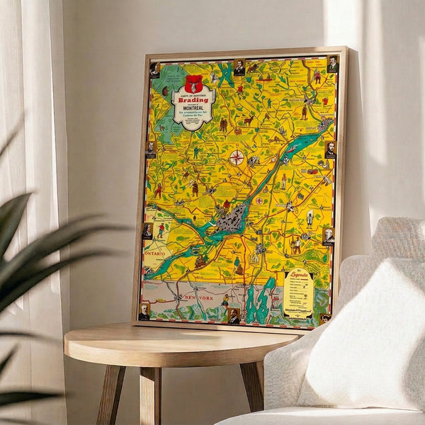Educational yet whimsical vintage map poster of Montreal framed on wall, featuring hand-drawn cartography style with warm and cool color contrasts of yellow, cream, turquoise, and red.