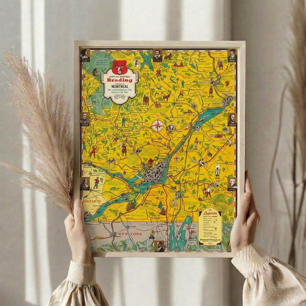 Montreal map poster in charming retro illustration style, combining classic geography with nostalgic vintage color scheme of yellows, turquoise accents, reds, and creams.