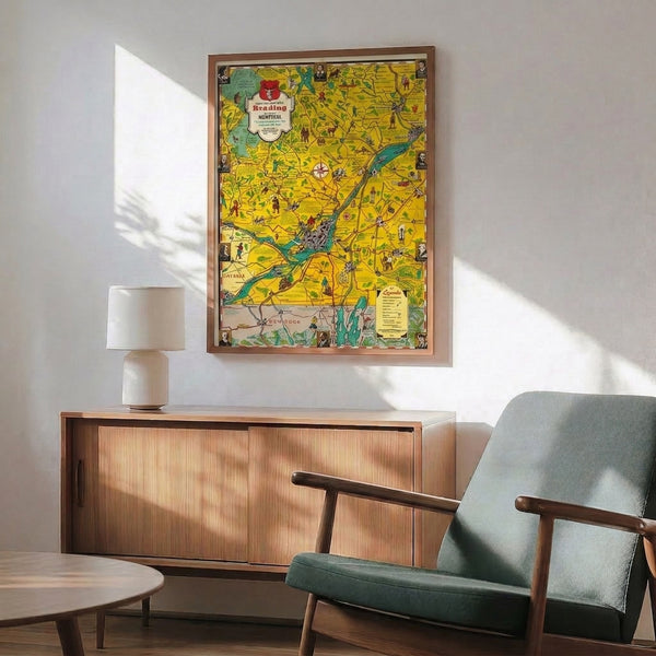 Framed vintage Montreal city map artwork with nostalgic retro design, displaying illustrated river, compass rose, scattered foliage, figures, and period-appropriate color palette of yellows and turquoise.