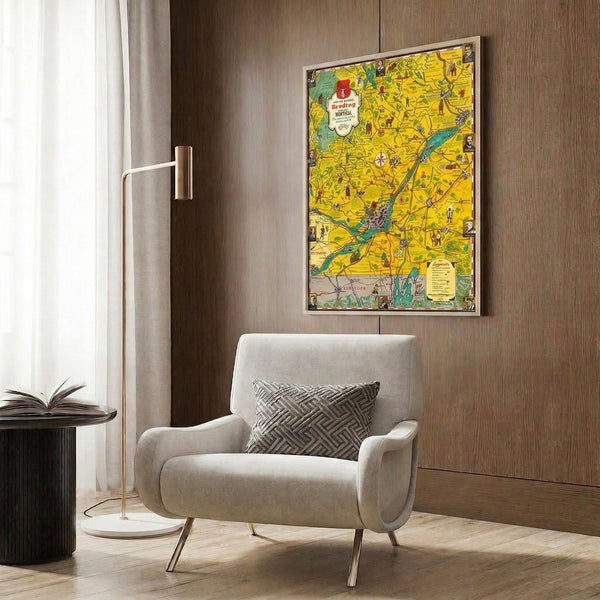 Retro Montreal Ontario map poster featuring whimsical vintage cartography with compass, trees, people, and waterways in a warm and cool color mix of yellow, cream, turquoise, and red.