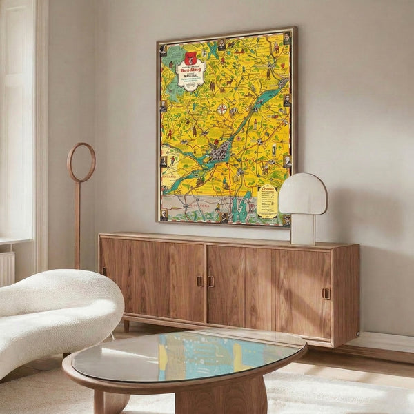 Vintage-style illustrated map poster of Montreal showcasing nostalgic retro aesthetic, complete with decorative compass, landscape details, and charming color palette in yellows, greens, turquoise, and cream.
