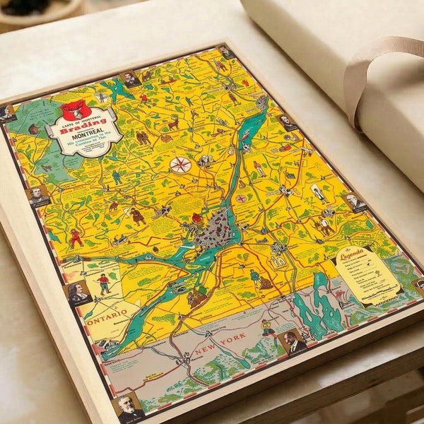 Nostalgic Montreal map print in retro vintage style, hand-drawn cartography with river routes, compass marker, scattered trees, and figures rendered in warm yellows and soft turquoise hues.