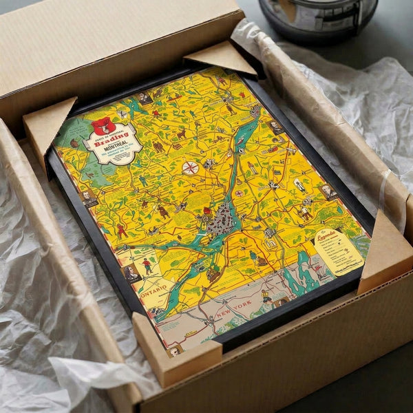 Retro poster map of Montreal Ontario region in vintage illustration style, combining educational cartography with whimsical design elements in palette of yellow, cream, turquoise, red, and green.