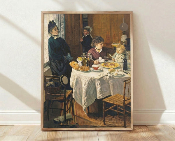 Impressionist painting of a serene breakfast table set in a sunlit garden, featuring soft brushstrokes and a warm, peaceful color palette of creams, greens, and golden tones.