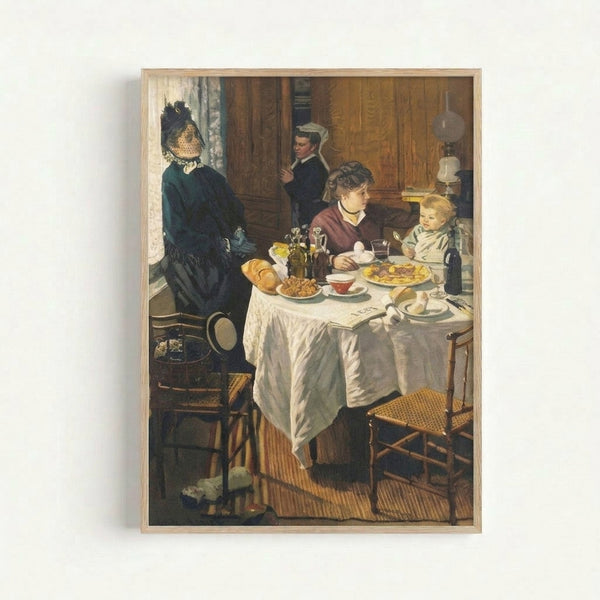 Framed Claude Monet poster depicting an intimate breakfast scene with delicate impressionist technique, morning light filtering through natural hues of ochre and sage.