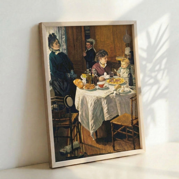 Classic Monet breakfast composition showing a tranquil moment in nature with loose, luminous brushwork and soft-focus florals in muted pastels.