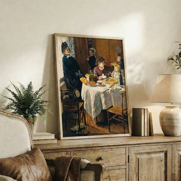 Serene impressionist breakfast table scene framed on wall, rendered in Monet's signature soft technique with delicate whites, greens, and warm afternoon light.