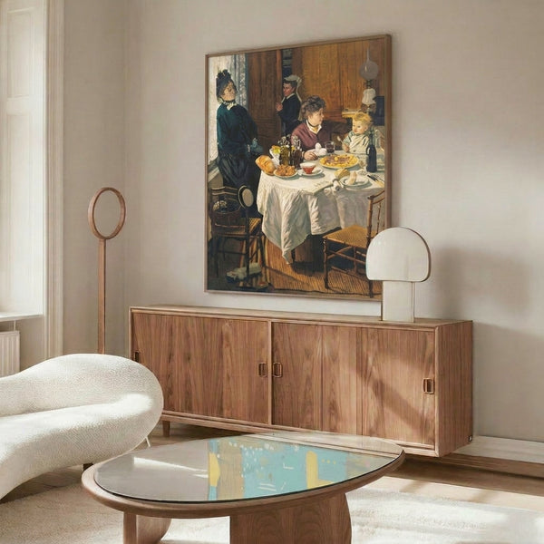 Monet's Le petit-déjeuner poster art depicting a peaceful garden breakfast moment with impressionist brushwork and a refined palette of pale greens and warm neutrals.