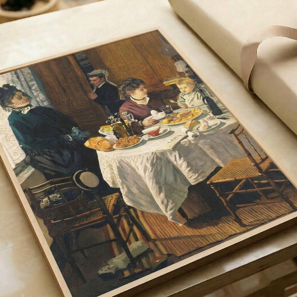 Framed fine art print of an impressionist breakfast composition with soft, dreamy quality and subtle color harmonies typical of Monet's peaceful garden scenes.