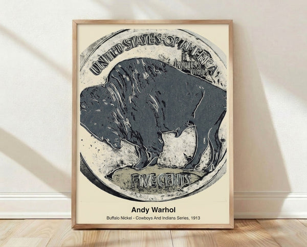 Pop art poster featuring a stylized buffalo nickel design in black, white, and gray tones, rendered in bold Warhol-inspired minimalist style.