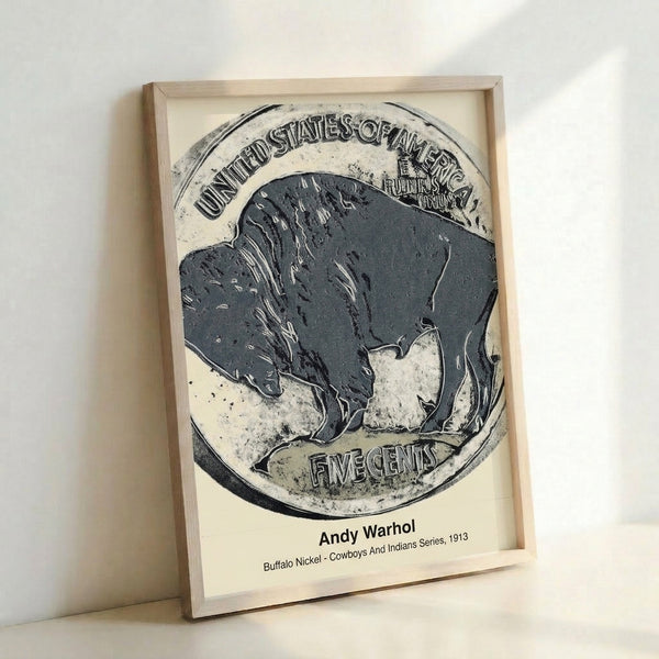 Minimalist pop art poster displaying a buffalo nickel in black and white, historically reflective design with bold modern graphic treatment.