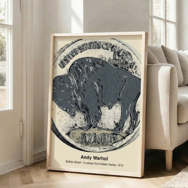 Black and white pop art print of a bison coin design, starkly rendered in the style of Andy Warhol's iconic reinterpretation of American currency.