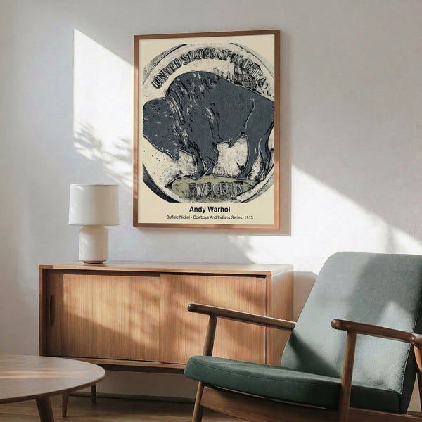 Framed poster featuring a monochromatic buffalo nickel motif, contemporary pop art piece exploring themes of Native American heritage and American iconography.