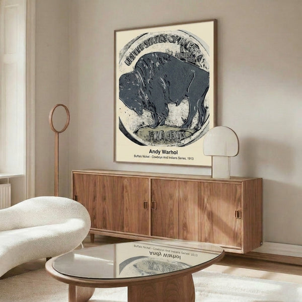 High-contrast pop art poster of a buffalo coin design in grayscale, minimalist interpretation evoking the stark aesthetic of modern pop art.