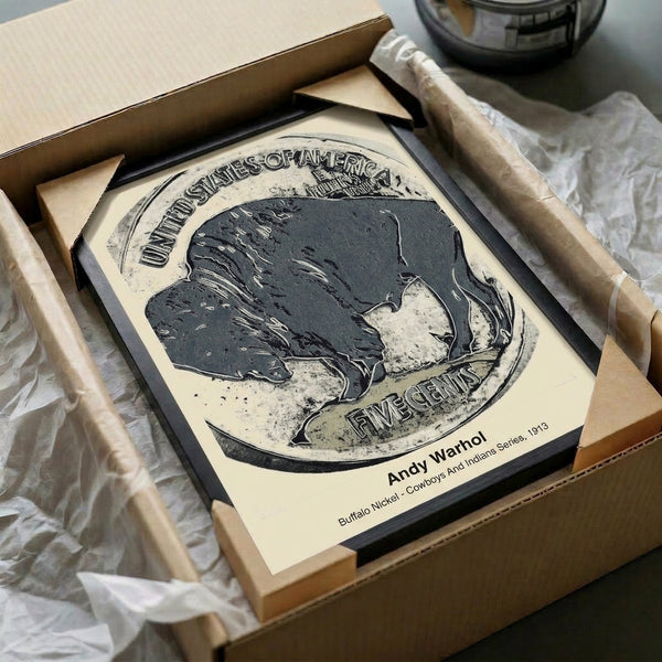 Bold graphic pop art framed print depicting a Native American buffalo nickel in black, white, and gray with striking minimalist visual impact.