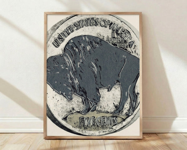 Pop art poster featuring a buffalo nickel design in vibrant, contrasting colors typical of Warhol's iconic style, displayed as a framed print on a wall.