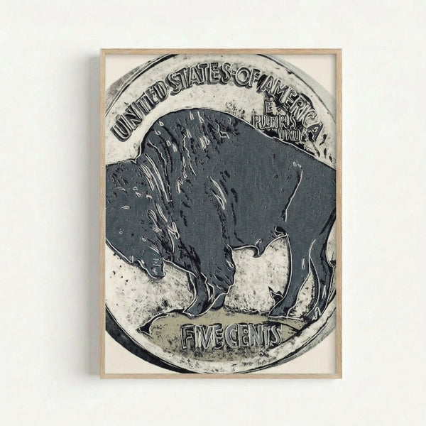 Framed art print of a buffalo nickel from the Cowboys and Indians series, rendered in bold, saturated hues with a modern pop art aesthetic.
