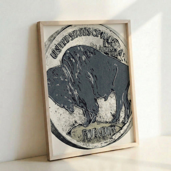 Buffalo nickel poster art with striking color blocking and high-contrast tones characteristic of Warhol's silkscreen technique, shown framed on a wall.