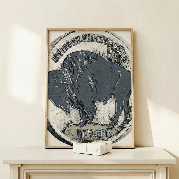 Vibrant pop art interpretation of a buffalo nickel design in the Cowboys and Indians collection, presented as a framed wall poster.