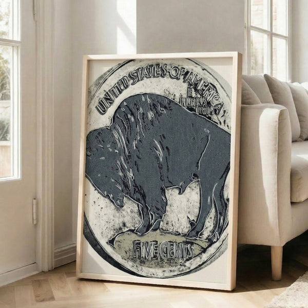 Framed poster featuring a buffalo nickel motif in bright, layered colors reflecting classic pop art visual language and style.