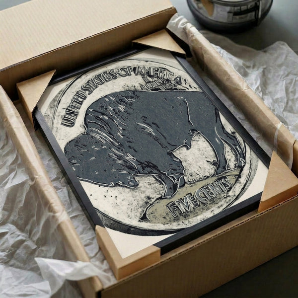 Buffalo nickel wall art poster rendered in vivid, contrasting colors using pop art techniques, shown framed in an interior setting.