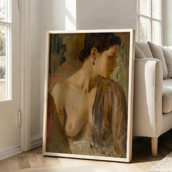 Impressionist bust portrait of a woman in soft ochre and cream tones, rendered in classical style with intimate, contemplative mood; framed art print on wall.