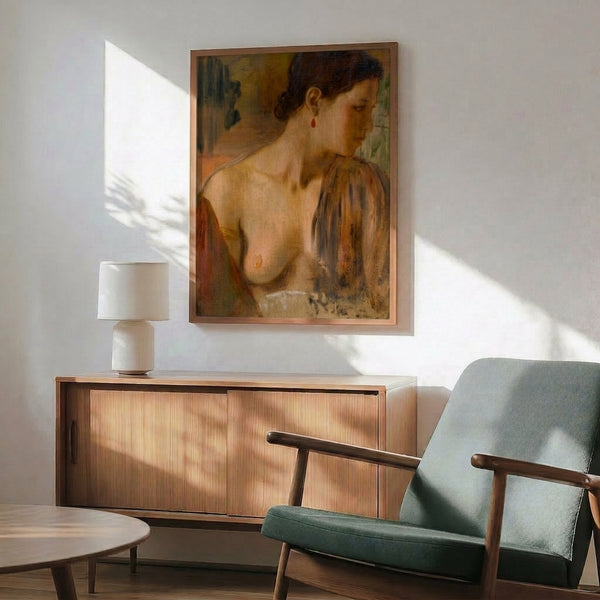 Soft-focus portrait bust of a woman in muted ochre and brown palette, capturing contemplative sensuality through impressionist brushwork; framed art print.