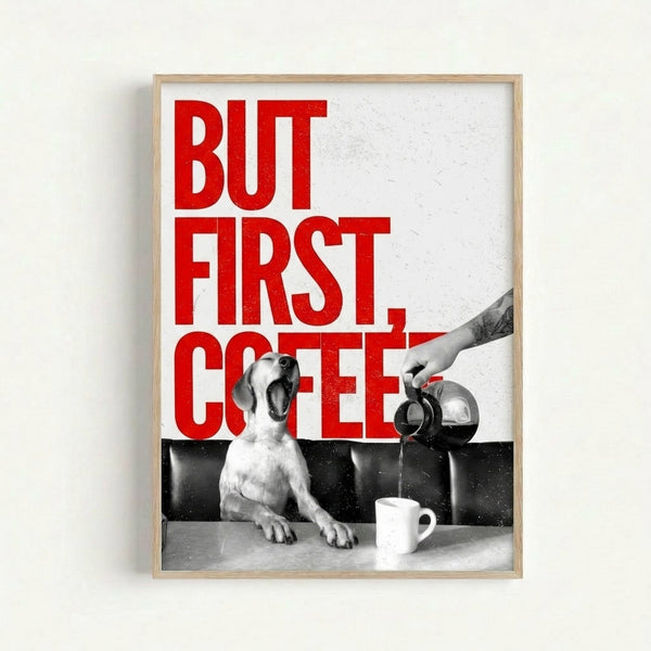 Framed pop art print featuring a dog and coffee cup in vintage style with striking red and black palette, perfect for kitchen or coffee bar decor.