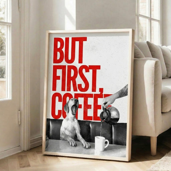 Retro poster art showing a dog enjoying coffee in bold pop art style, featuring a punchy color palette of red, white, and black for playful home decor.