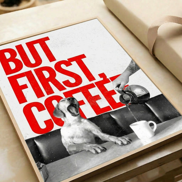 Humorous retro pop art framed poster of a dog with a coffee cup, rendered in striking red and black tones with a quirky, playful aesthetic.