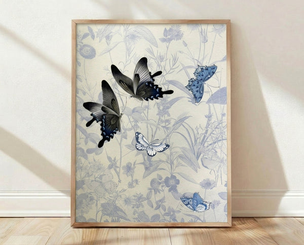 Watercolor painting of delicate blue butterflies and lavender flowers in a serene garden, rendered in soft cream, pale blue, and black line art on a framed poster.