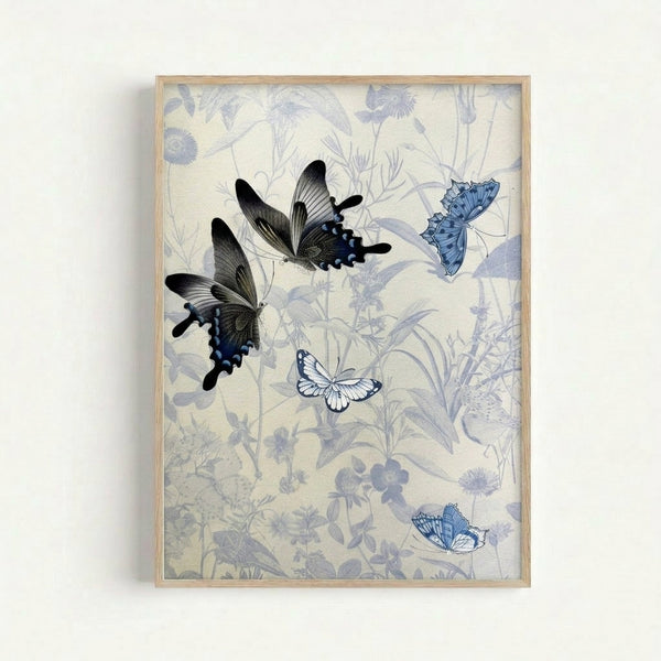 Framed art print featuring ethereal butterflies dancing among botanical blooms in muted watercolor tones of lavender, white, and pale blue with contemplative garden mood.