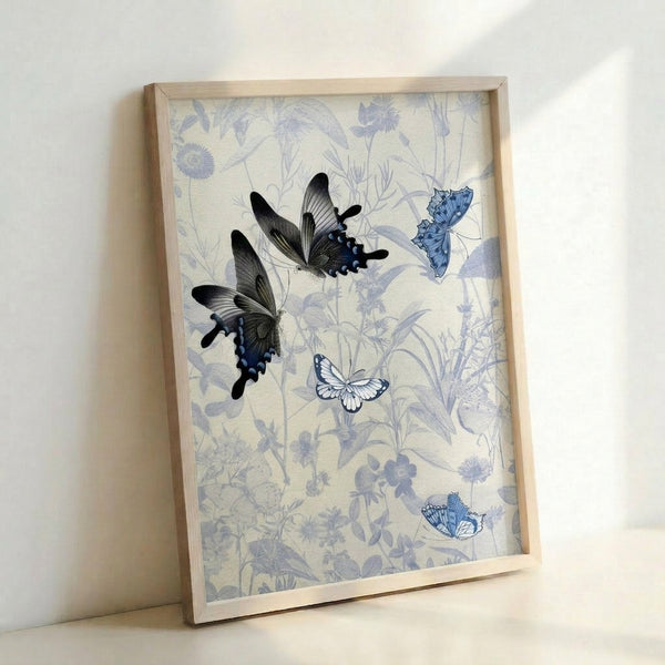 Serene watercolor and ink illustration of graceful butterflies amid flowering plants in soft cream, lavender, and pale blue hues, displayed as a framed wall poster.